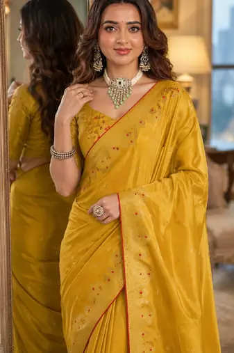 Yellow soft silk blend banarasi jacuard work festive saree with unstitched blouse piece