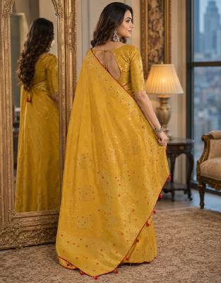 Yellow soft silk blend banarasi jacuard work festive saree with unstitched blouse piece 3