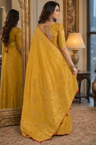 Yellow soft silk blend banarasi jacuard work festive saree with unstitched blouse piece