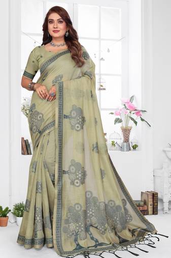 green woven designer spun cotton blend fabric smart traditional saree