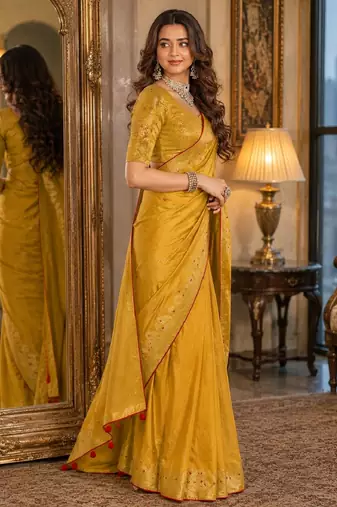 Yellow soft silk blend banarasi jacuard work festive saree with unstitched blouse piece