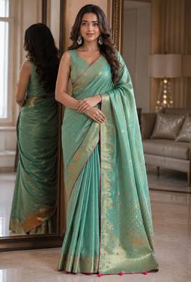Rama soft silk blend banarasi jacuard work festive saree with unstitched blouse piece 1