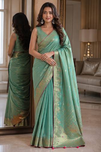 Rama soft silk blend banarasi jacuard work festive saree with unstitched blouse piece