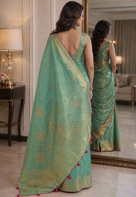 Rama soft silk blend banarasi jacuard work festive saree with unstitched blouse piece 3