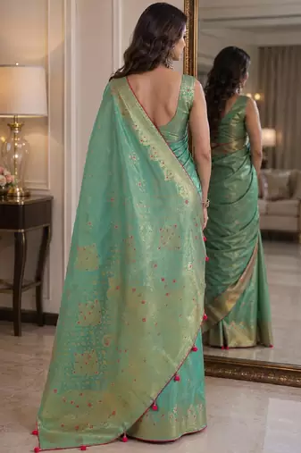 Rama soft silk blend banarasi jacuard work festive saree with unstitched blouse piece