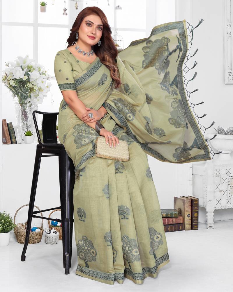 green woven designer spun cotton blend fabric smart traditional saree