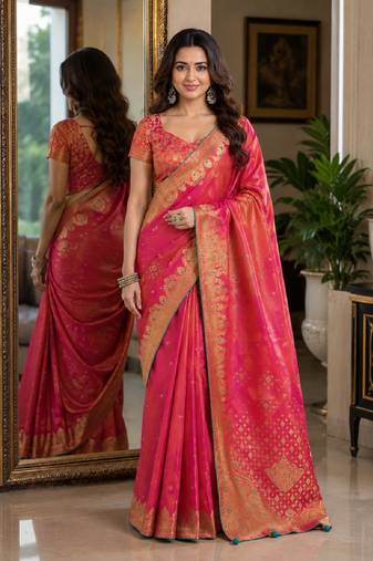 Pink soft silk blend banarasi jacuard work festive saree with unstitched blouse piece