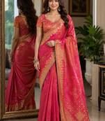Pink soft silk blend banarasi jacuard work festive saree with unstitched blouse piece