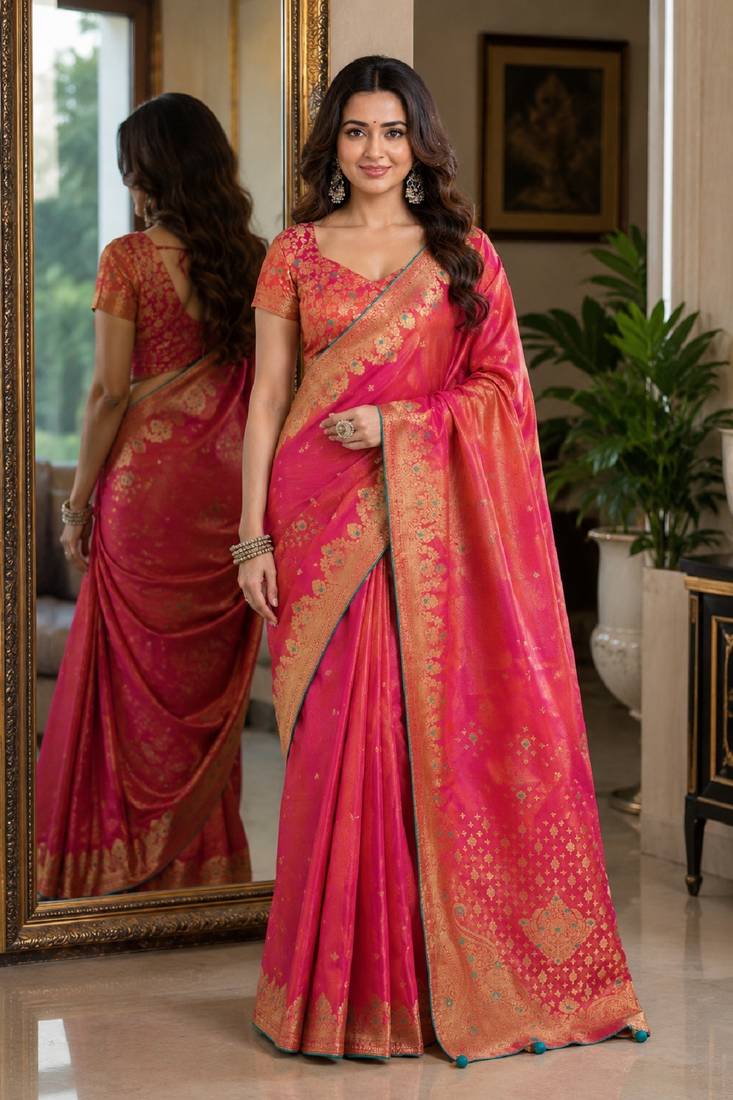 Pink soft silk blend banarasi jacuard work festive saree with unstitched blouse piece