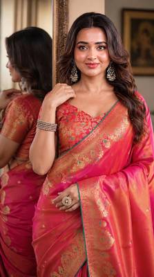 Pink soft silk blend banarasi jacuard work festive saree with unstitched blouse piece 2