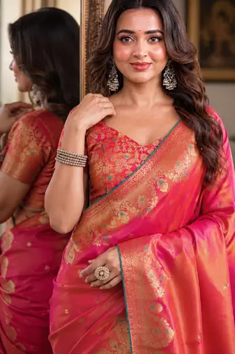 Pink soft silk blend banarasi jacuard work festive saree with unstitched blouse piece