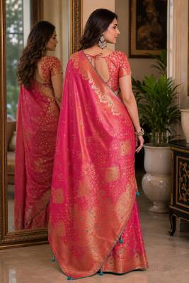 Pink soft silk blend banarasi jacuard work festive saree with unstitched blouse piece 3