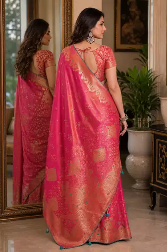 Pink soft silk blend banarasi jacuard work festive saree with unstitched blouse piece