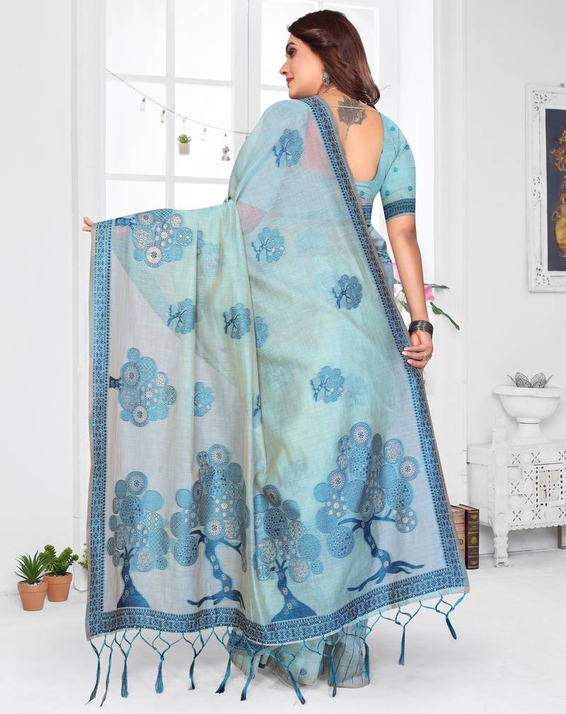 sea green woven designer spun cotton blend fabric smart traditional saree