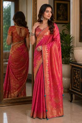 Pink soft silk blend banarasi jacuard work festive saree with unstitched blouse piece 4
