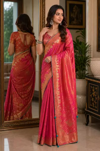 Pink soft silk blend banarasi jacuard work festive saree with unstitched blouse piece