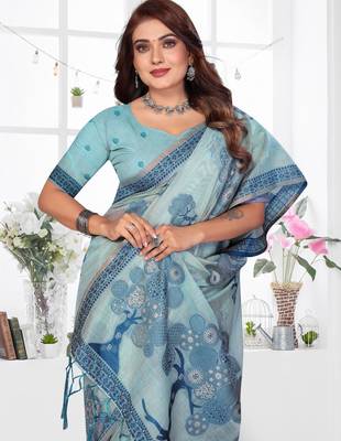 sea green woven designer spun cotton blend fabric smart traditional saree 3