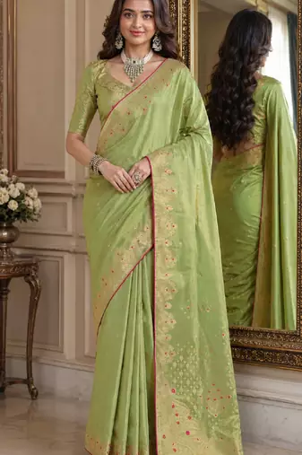 Pista soft silk blend banarasi jacuard work festive saree with unstitched blouse piece