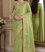 Pista soft silk blend banarasi jacuard work festive saree with unstitched blouse piece