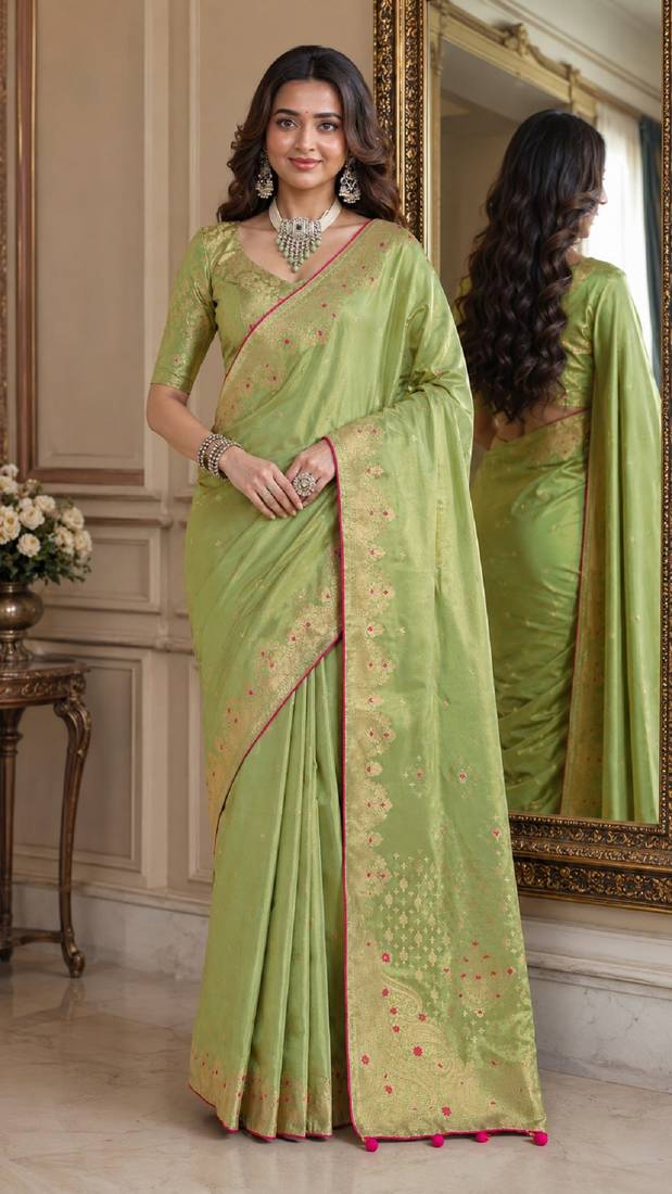 Pista soft silk blend banarasi jacuard work festive saree with unstitched blouse piece