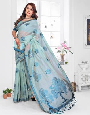 sea green woven designer spun cotton blend fabric smart traditional saree 4