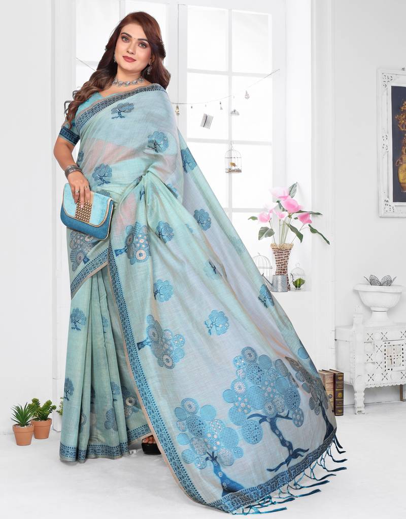 sea green woven designer spun cotton blend fabric smart traditional saree