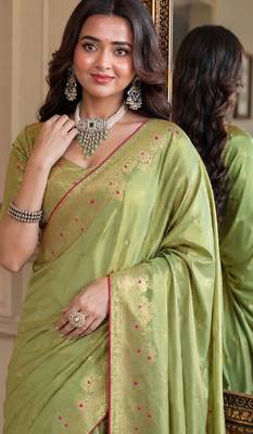 Pista soft silk blend banarasi jacuard work festive saree with unstitched blouse piece 2