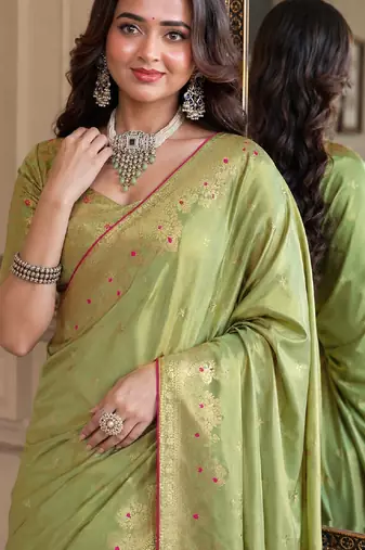 Pista soft silk blend banarasi jacuard work festive saree with unstitched blouse piece
