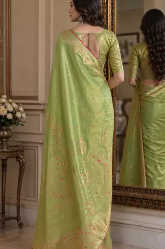 Pista soft silk blend banarasi jacuard work festive saree with unstitched blouse piece