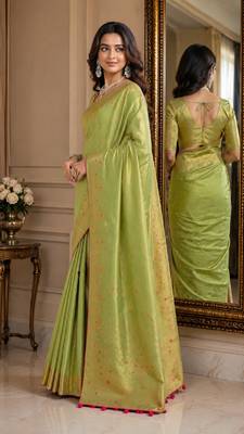 Pista soft silk blend banarasi jacuard work festive saree with unstitched blouse piece 4