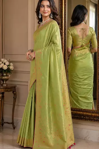 Pista soft silk blend banarasi jacuard work festive saree with unstitched blouse piece