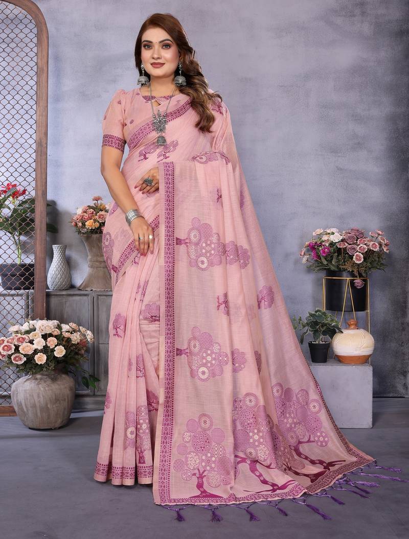 pink woven designer spun cotton blend fabric smart traditional saree