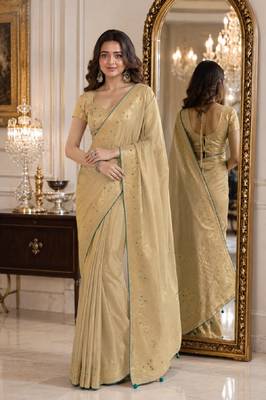 Cream soft silk blend banarasi jacuard work festive saree with unstitched blouse piece 1