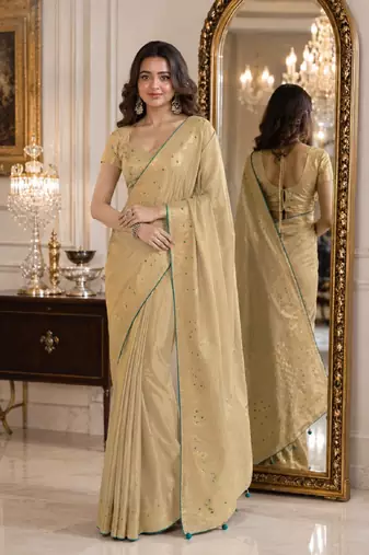 Cream soft silk blend banarasi jacuard work festive saree with unstitched blouse piece