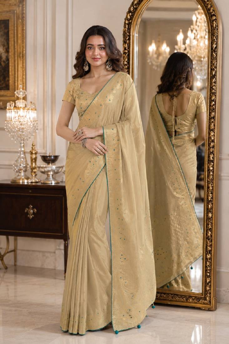 Cream soft silk blend banarasi jacuard work festive saree with unstitched blouse piece