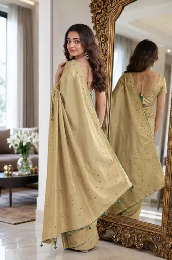 Cream soft silk blend banarasi jacuard work festive saree with unstitched blouse piece