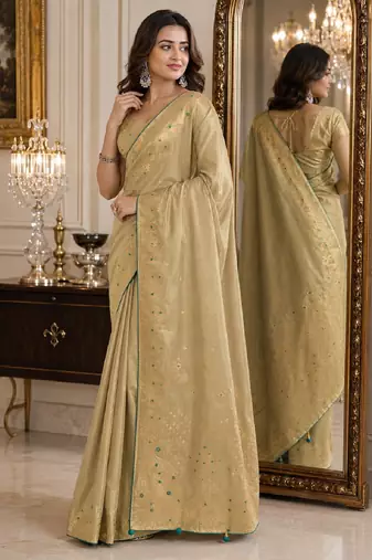 Cream soft silk blend banarasi jacuard work festive saree with unstitched blouse piece