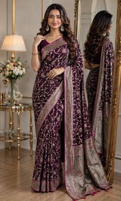 Wine soft silk blend banarasi jacuard work festive saree with unstitched blouse piece 1