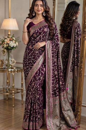 Wine soft silk blend banarasi jacuard work festive saree with unstitched blouse piece