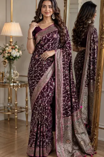 Wine soft silk blend banarasi jacuard work festive saree with unstitched blouse piece