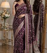 Wine soft silk blend banarasi jacuard work festive saree with unstitched blouse piece