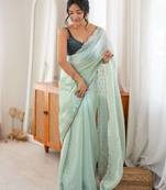 Sea green color smart fendy satin fabric designer ethnic partywear saree