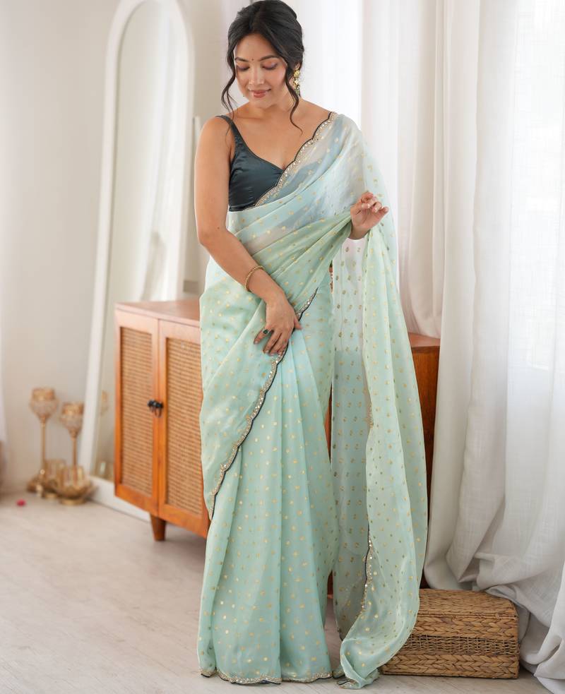 Sea green color smart fendy satin fabric designer ethnic partywear saree