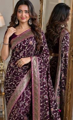 Wine soft silk blend banarasi jacuard work festive saree with unstitched blouse piece 2