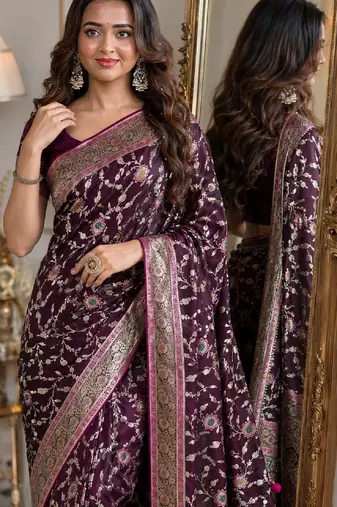 Wine soft silk blend banarasi jacuard work festive saree with unstitched blouse piece