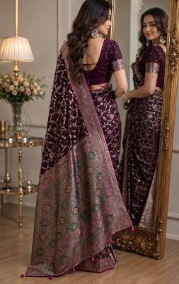 Wine soft silk blend banarasi jacuard work festive saree with unstitched blouse piece 3