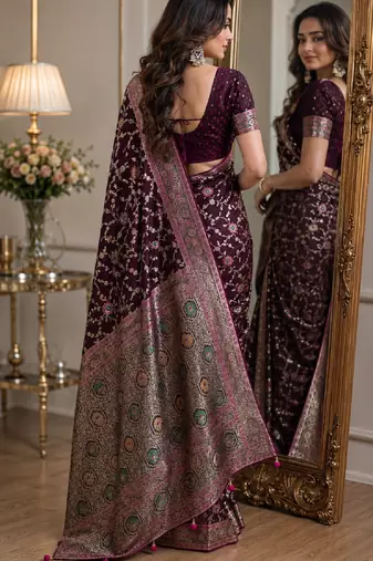 Wine soft silk blend banarasi jacuard work festive saree with unstitched blouse piece
