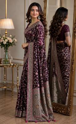 Wine soft silk blend banarasi jacuard work festive saree with unstitched blouse piece 4