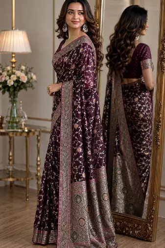 Wine soft silk blend banarasi jacuard work festive saree with unstitched blouse piece