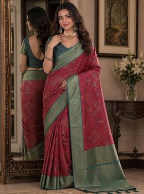 Pink soft silk blend banarasi jacuard work festive saree with unstitched blouse piece 1